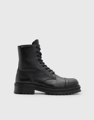 Allsaints Mens Black Hank Lace-up Leather Biker Boots In Black