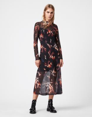 AllSaints Hanna flame print high neck maxi dress with long sleeves in black