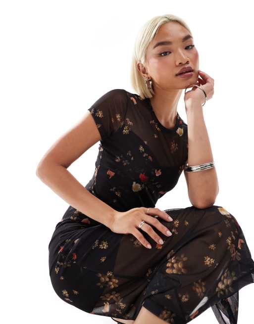 AllSaints Hanna Kora mesh t shirt midi dress in black