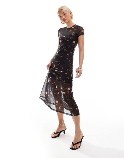 AllSaints - Hanna Kora - Vestito midi stile t-shirt in rete nero - view 1