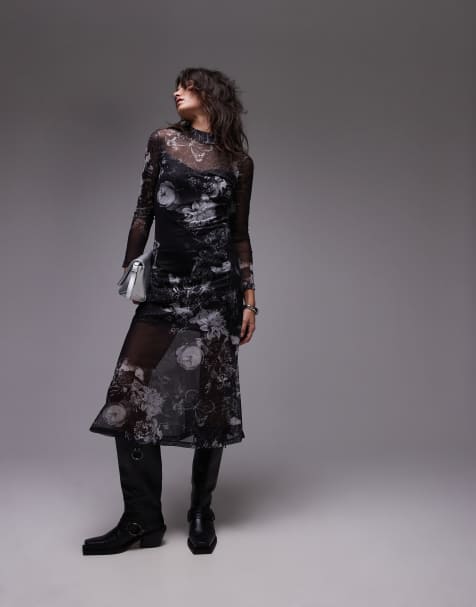 AllSaints Hanna mesh midi dress in black print exclusive to asos - view 1