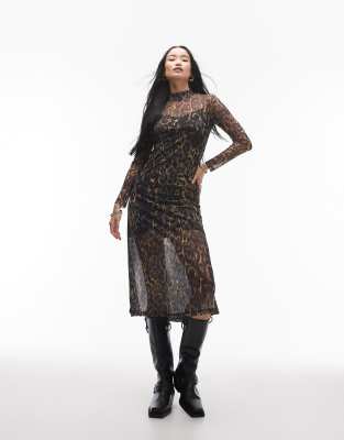 AllSaints Hanna mesh midi dress in leopard print-Brown φωτογραφία