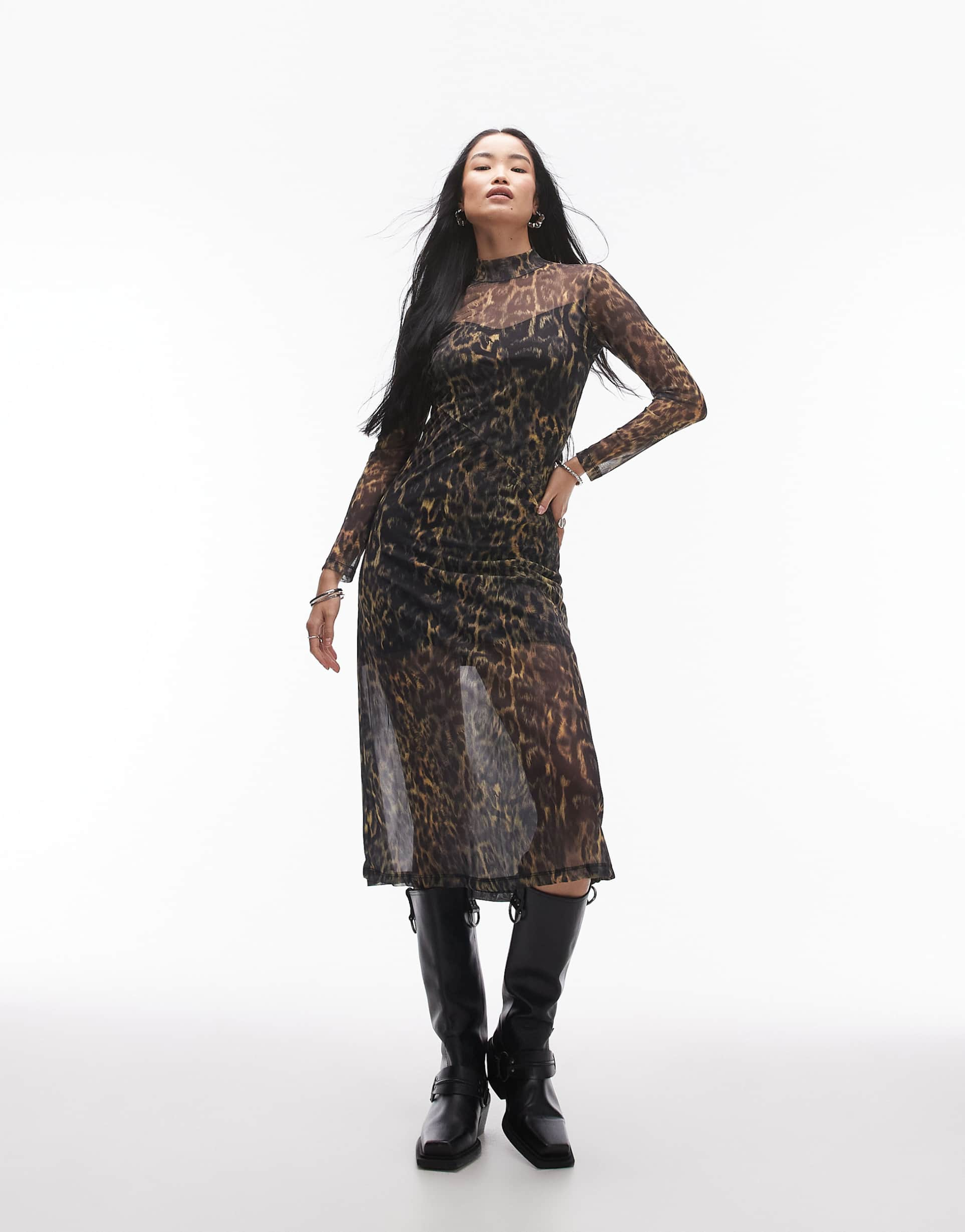 allsaints hanna mesh midi dress in leopard print