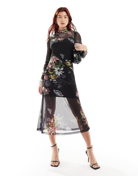 AllSaints - Hanna Sanibel - Vestito midi in rete nero a fiori - view 1