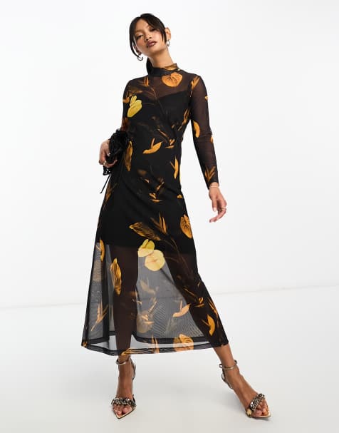 AllSaints Hannah Aretha long sleeve mesh midi dress in black - view 1