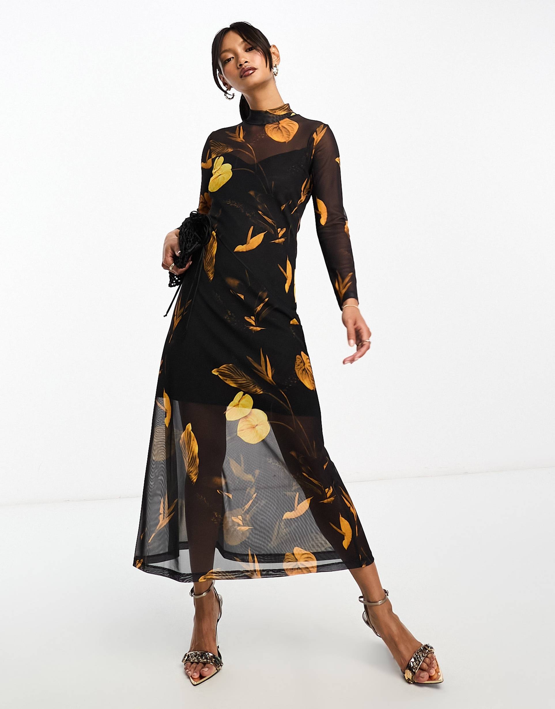 allsaints hannah aretha long sleeve mesh midi dress in black