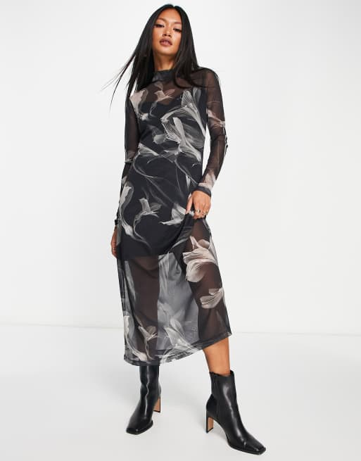 AllSaints - Hannah - Doorschijnende midi jurk met print in zwart