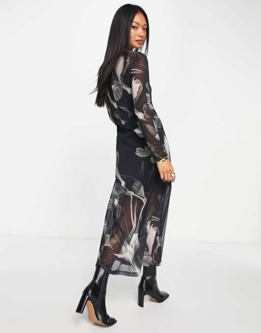 AllSaints Hannah Vestito midi in rete nero con iris ASOS