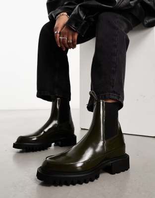 Harlee hi-shine leather chunky boots in khaki-Green