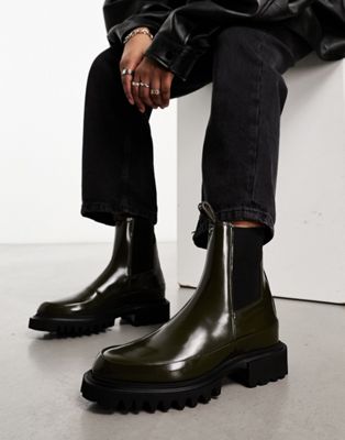 AllSaints Harlee high shine leather chunky boots in khaki | ASOS