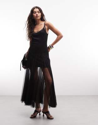 Harmonia - 2-in-1-Maxi-Trägerkleid in Schwarz mit Netzstoff-Overlay Schwarz 38