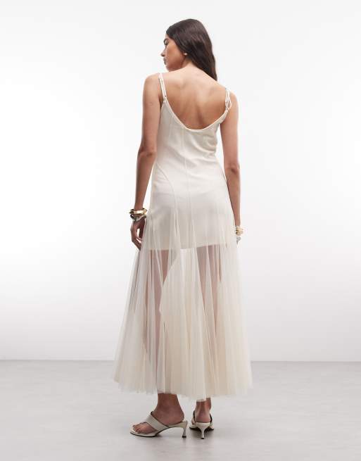 AllSaints - Harmonia -Ecrufarvet 2-i-1 slip-maxikjole med mesh-overlag, 3 af 4