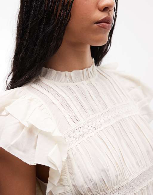 AllSaints Harriet thrilly lace ruched sleeveless top in off white, 3 of 4