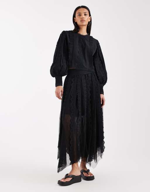 AllSaints Hart embroidered detail long sleeve co-ord cropped blouse in black, 2 of 4