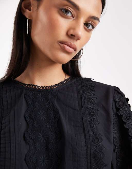 AllSaints Hart embroidered detail long sleeve co-ord cropped blouse in black, 3 of 4