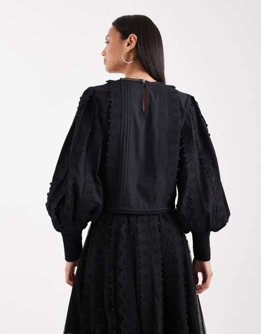 AllSaints Hart embroidered detail long sleeve co-ord cropped blouse in black, 4 of 4
