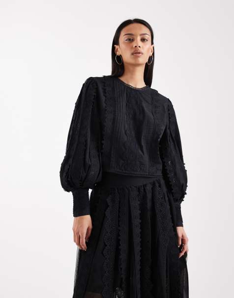 AllSaints Hart embroidered detail long sleeve cropped blouse in black (Part of a set) - view 1