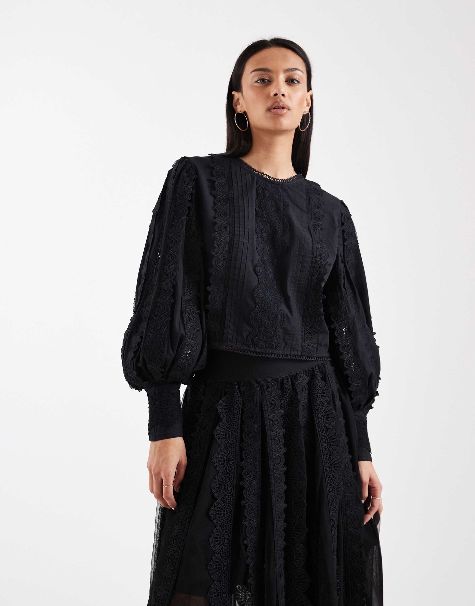 allsaints hart embroidered detail long sleeve cropped blouse in black - part of a set