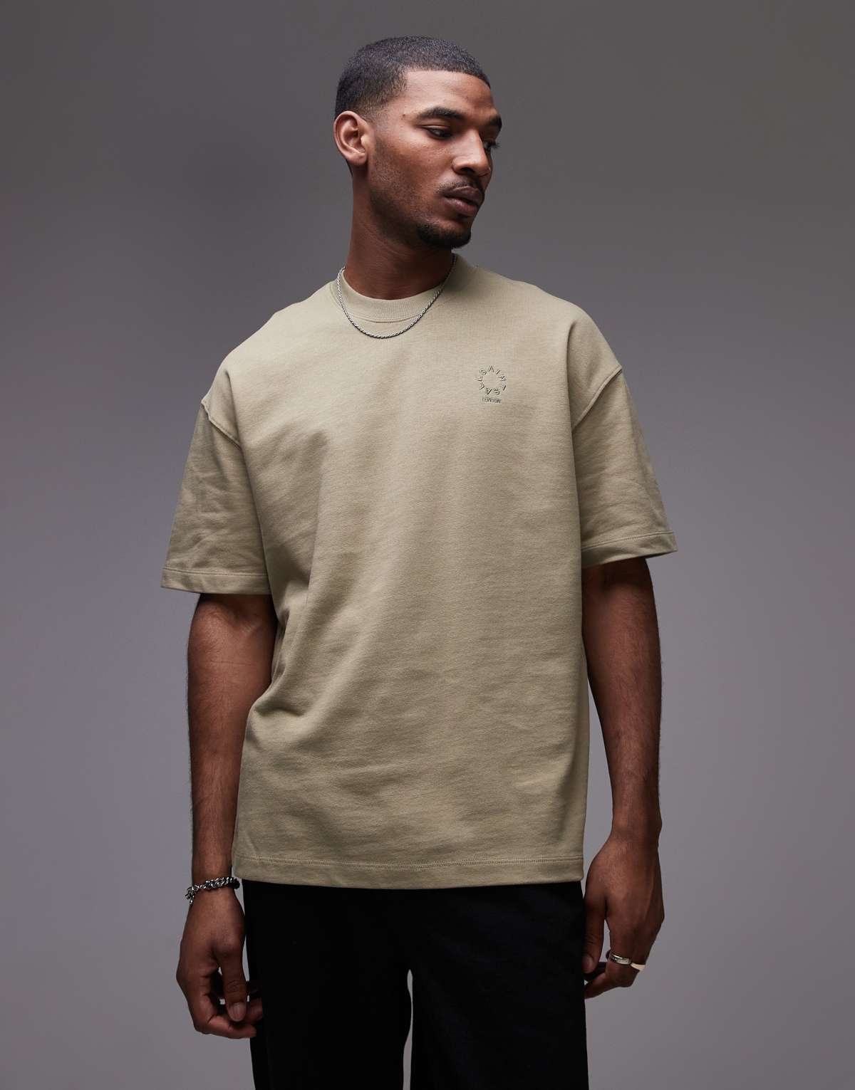 AllSaints Haven small embroidered chest logo t-shirt in light ash green