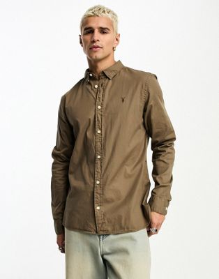 AllSaints Hawthorne stretch fit shirt in wood brown - ASOS Price Checker