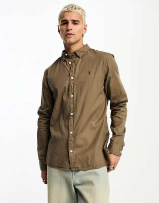 AllSaints Hawthorne stretch fit shirt in wood brown - ASOS Price Checker