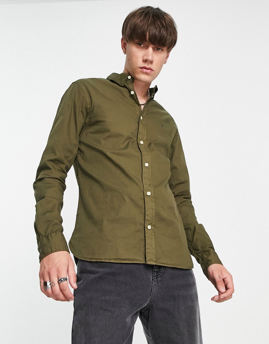 AllSaints Hawthorne stretch fit shirt in olive green