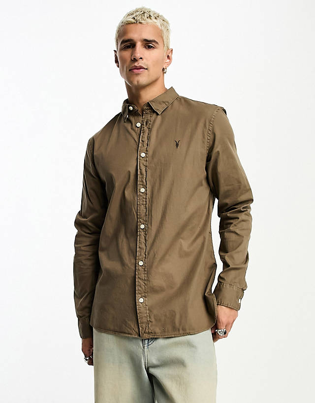 AllSaints - hawthorne stretch fit shirt in wood brown