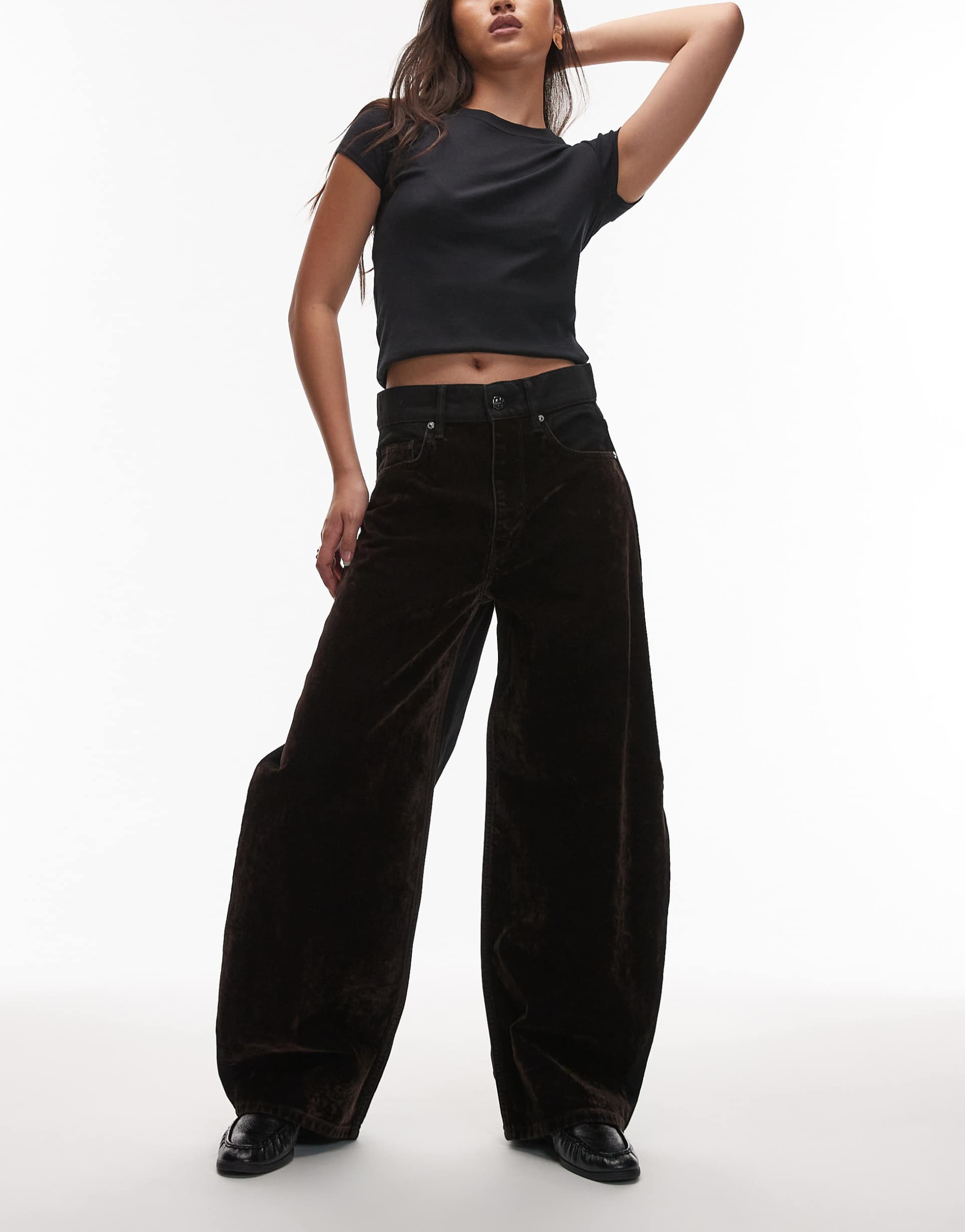 allsaints helena flocked wide leg jeans in brown