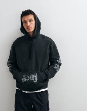 AllSaints Helvette graphic logo hoodie with back print in washed black