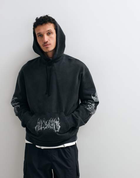 AllSaints Helvette hættetrøje med grafisk logo og print på ryggen i vasket sort - view 1