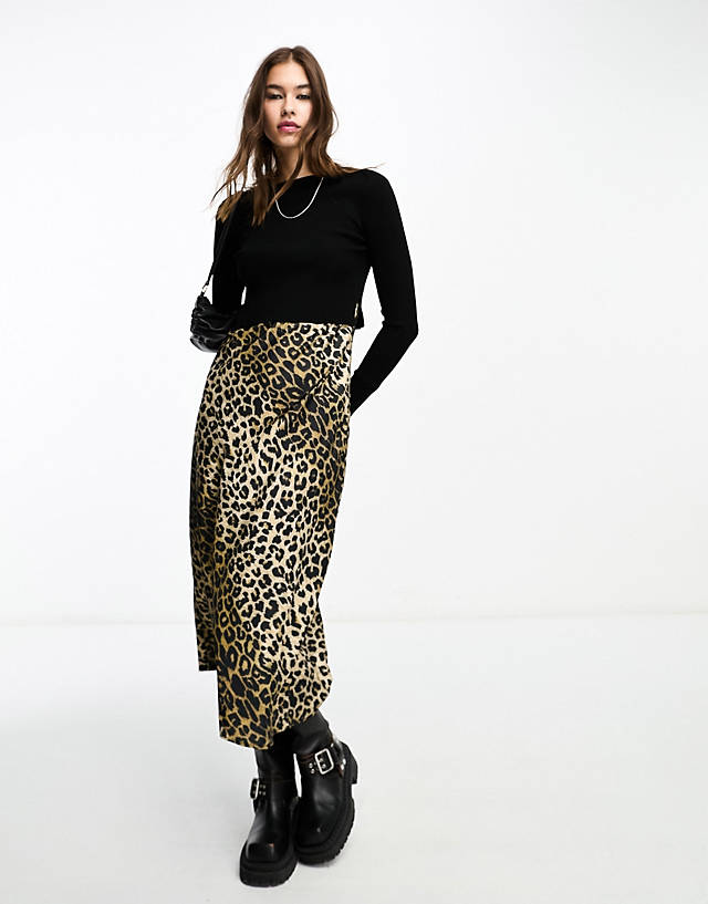 AllSaints - hera 2-in-1 leopard midi slip dress and jumper in black