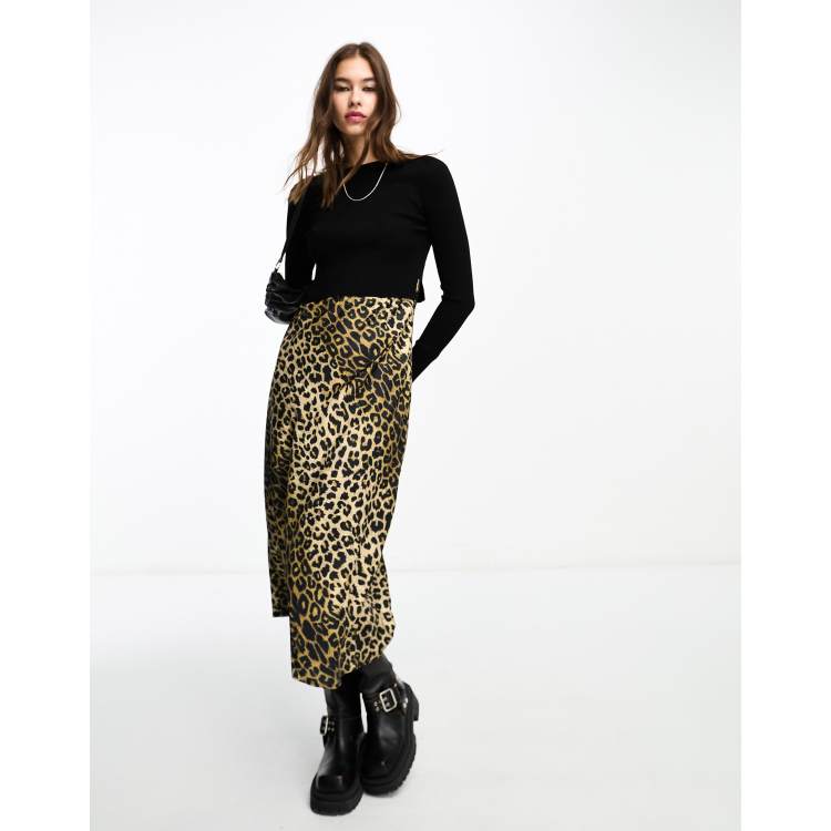 AllSaints Hera 2-in-1 leopard midi slip dress and jumper in black