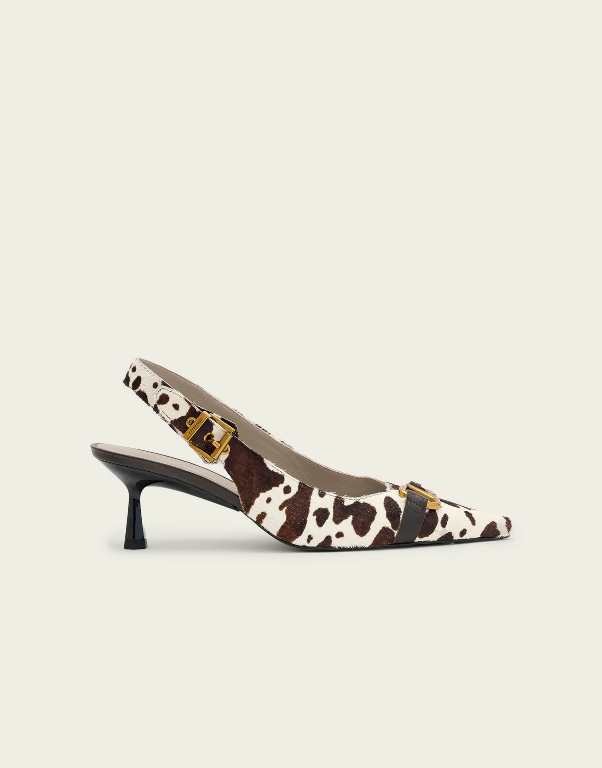 allsaints hera cow print slingback heeled shoes in cream
