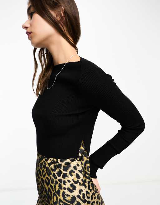 AllSaints - Hera - Sort 2-i-1-midikjole med slip-snit og trøje i leopardprint, 3 af 4