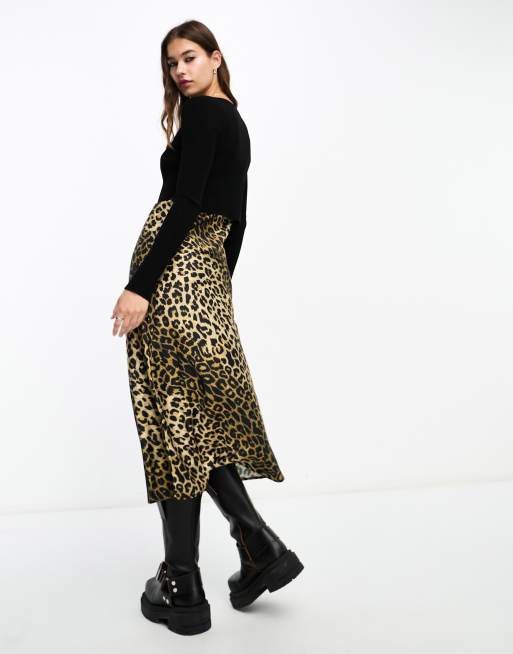 AllSaints - Hera - Vestito sottoveste midi e maglione 2 in 1 nero e leopardato, 2 di 4