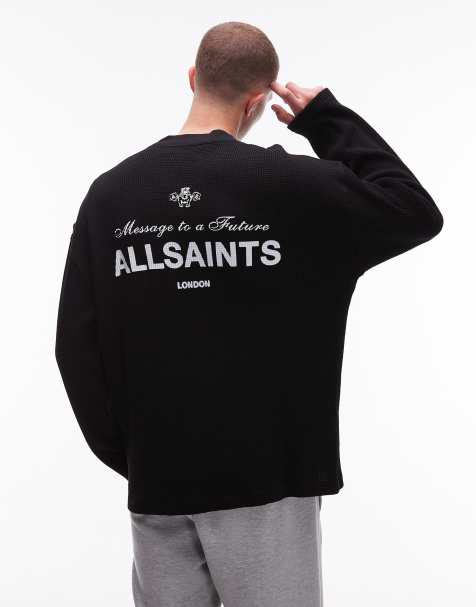 Allsaints herald long sleeve waffle knit t-shirt in black - view 1
