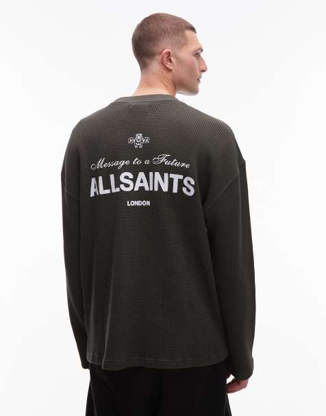 AllSaints – Herald – Zielony T-shirt z długimi rękawami o waflowej teksturze - view 1