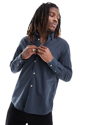 AllSaints Hermosa long sleeve fitted shirt in dark blue - ASOS Price Checker