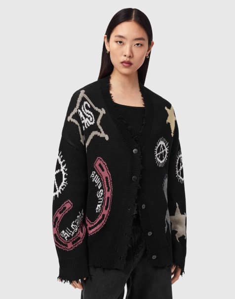 AllSaints – Hester – Czarny postrzępiony kardigan z dekoltem V i graficznymi motywami - view 1