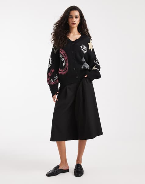 AllSaints - Hester - Sort cardigan med V-hals og sliddetaljer samt grafisk print - view 1