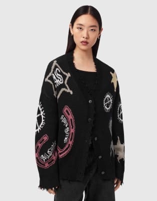 AllSaints - Hester - Strickjacke in Schwarz mit Used-Optik, V-Ausschnitt und Grafikmuster