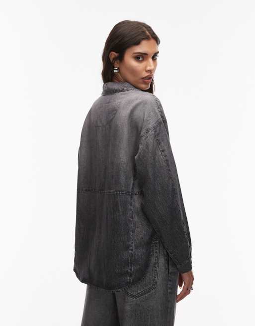 AllSaints Hettie denim button down shacket in grey, 4 of 4