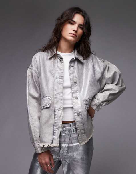 AllSaints Hettie denim shacket in coated silver - view 1