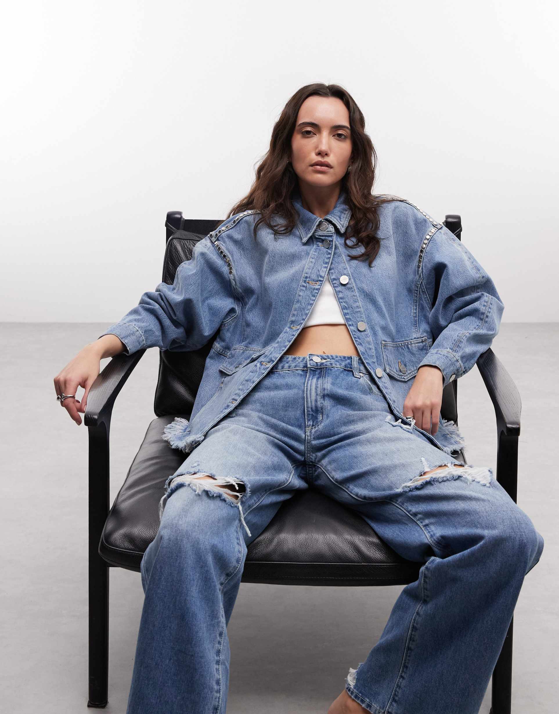 allsaints hettie studded vintage wash denim jacket in indigo