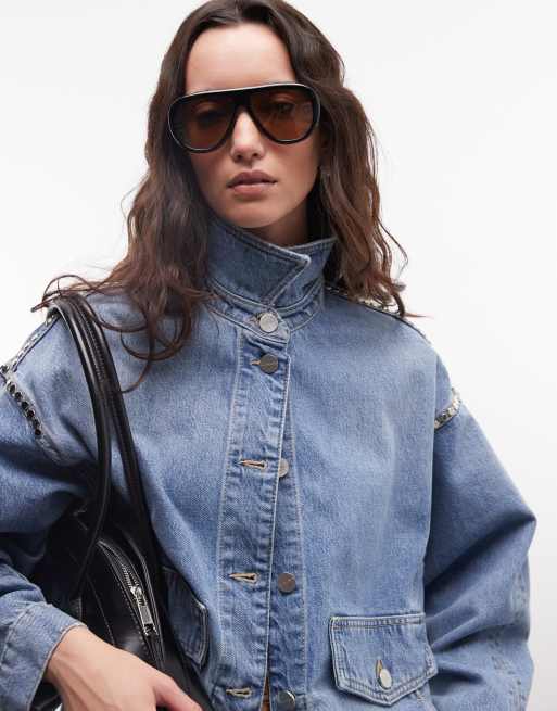 AllSaints Hettie studded vintage wash denim jacket in indigo, 3 of 4