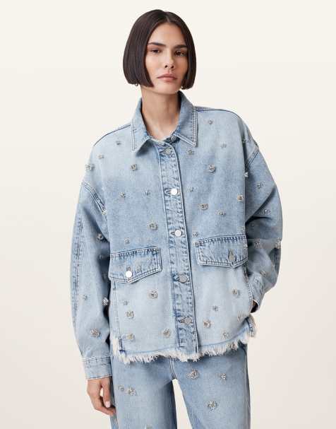 AllSaints – Hettie – Verzierte Hemdjacke in hellem Indigoblau - view 1