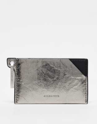 AllSaints Hex leather cardholder in cracked gunmetal-Grey