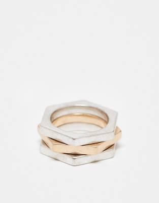 AllSaints hex triple band ring in mixed metal