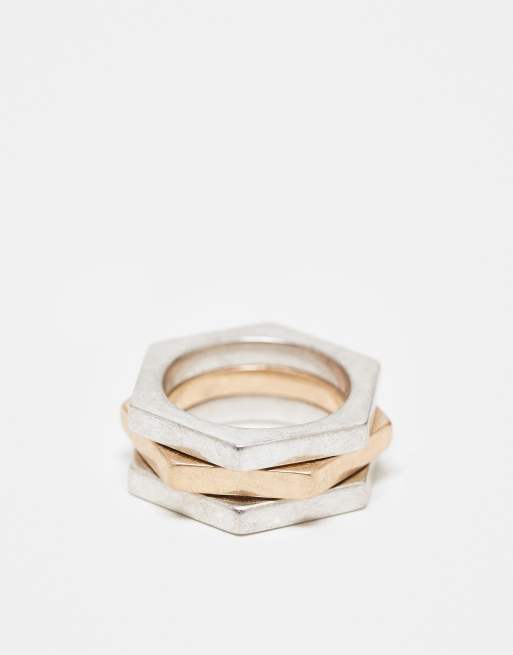 AllSaints hex triple band ring in mixed metal