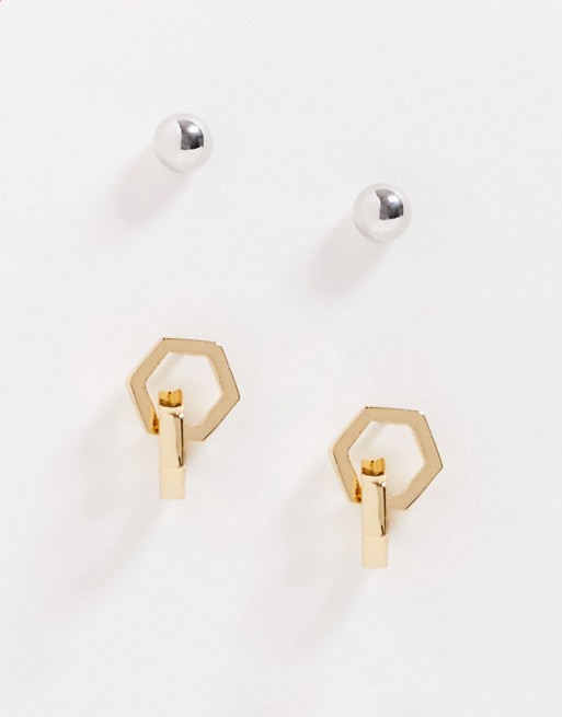 AllSaints hexagonal stud earrings set in gold